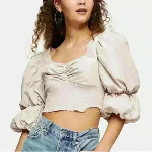 Puff sleeve sweetheart neck rushed crop top Topshop